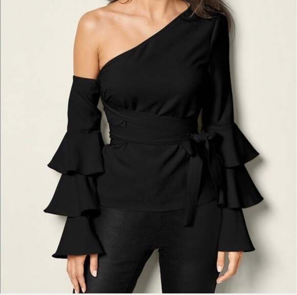 Venus Tops - Venus Laci Ruffle Sleeve One Shoulder Tie Waist Blouse 4 Black Sexy Belted Top